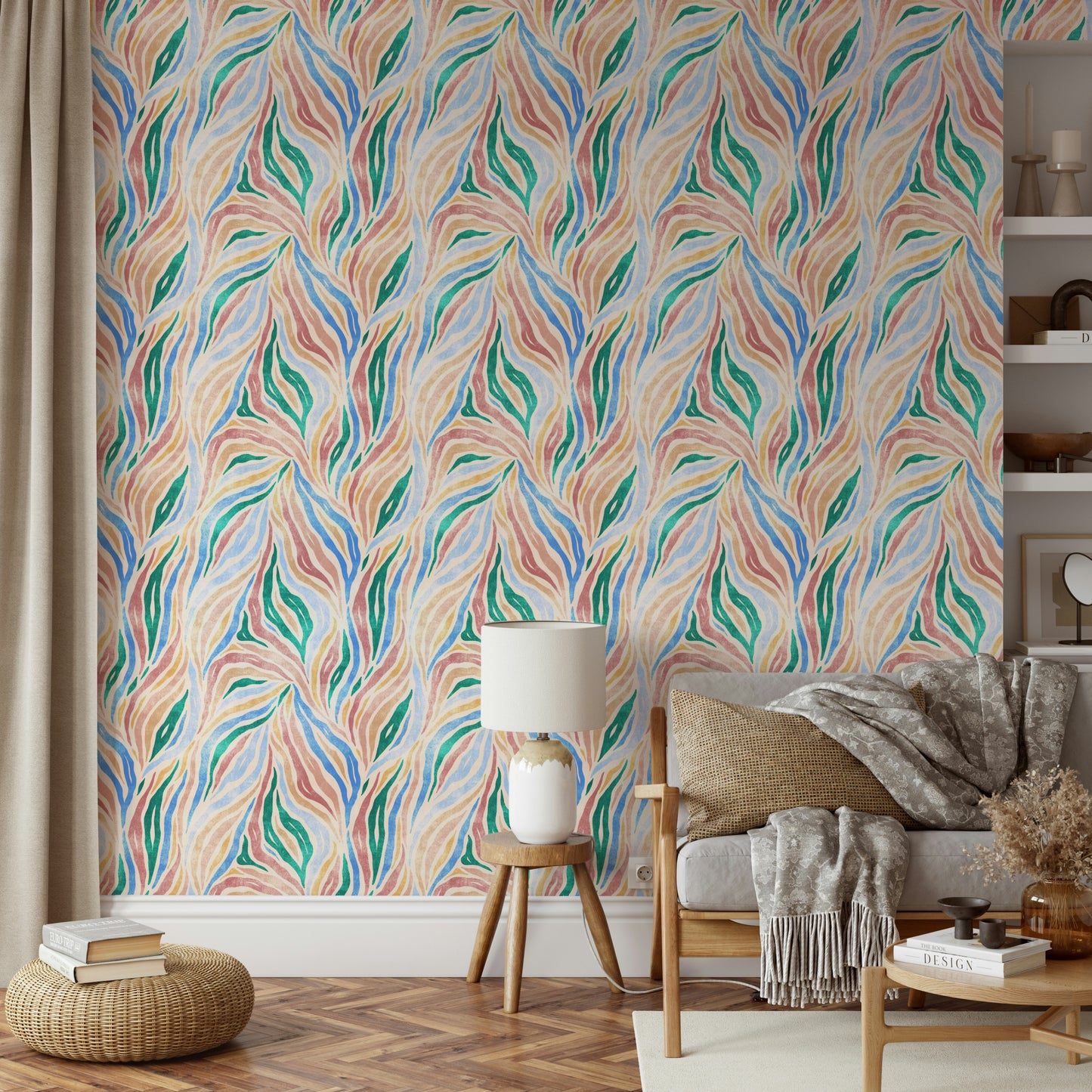 Multicolor Textured Boho Zebra Print wallpaper in a living room with a woven pouf, stool lamp and grey sofa