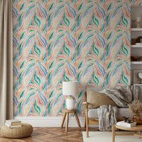Multicolor Textured Boho Zebra Print wallpaper in a living room with a woven pouf, stool lamp and grey sofa