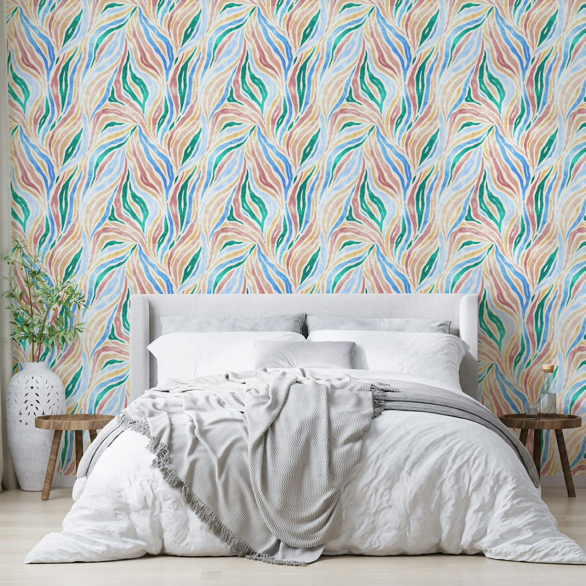 Multicolor Textured Boho Zebra Print wallpaper in a bedroom with a white headboard, grey throw and wood bench