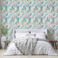 Multicolor Textured Boho Zebra Print wallpaper in a bedroom with a white headboard, grey throw and wood bench