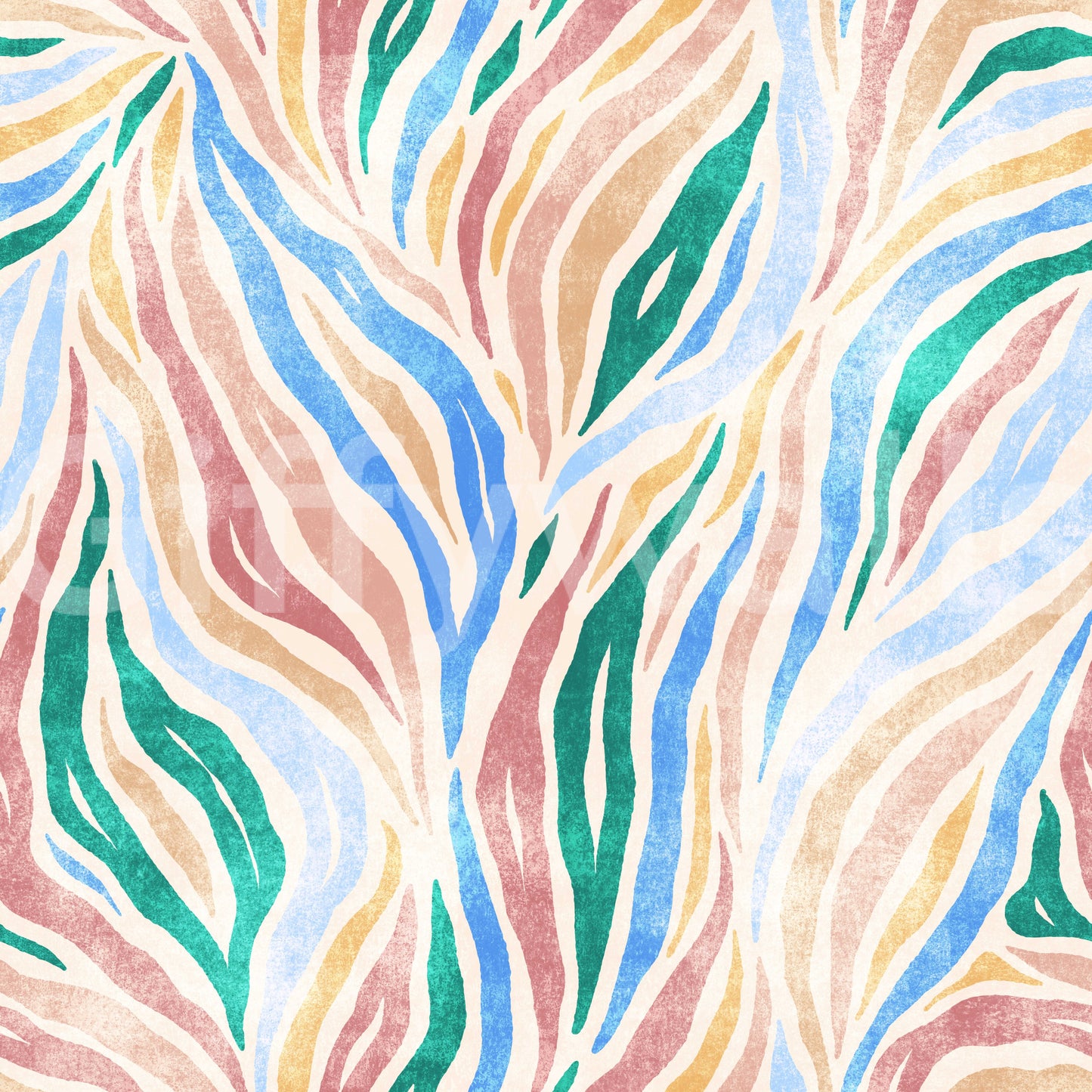 Multicolor Textured Boho Zebra Print wallpaper close-up showing blue, green, coral and yellow zebra stripe detail