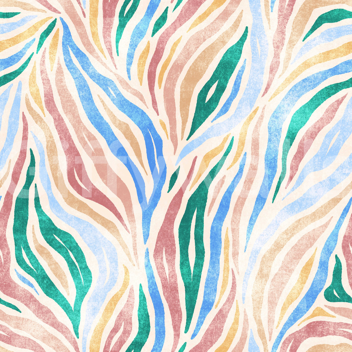 Multicolor Textured Boho Zebra Print wallpaper close-up showing blue, green, coral and yellow zebra stripe detail