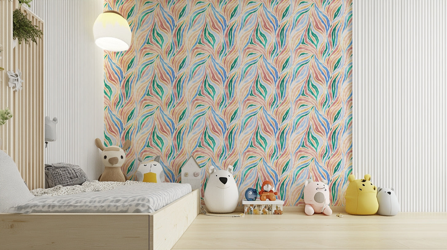 Multicolor Textured Boho Zebra Print wallpaper in a kids room with a wood platform bed and plush animals