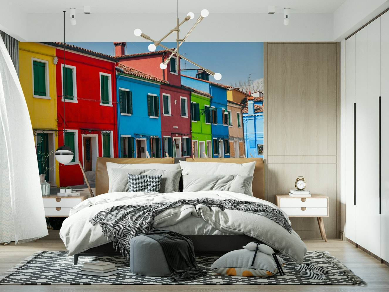 Wallpaper for walls, painted homes reflection, charming waterway, Multicolored Burano.