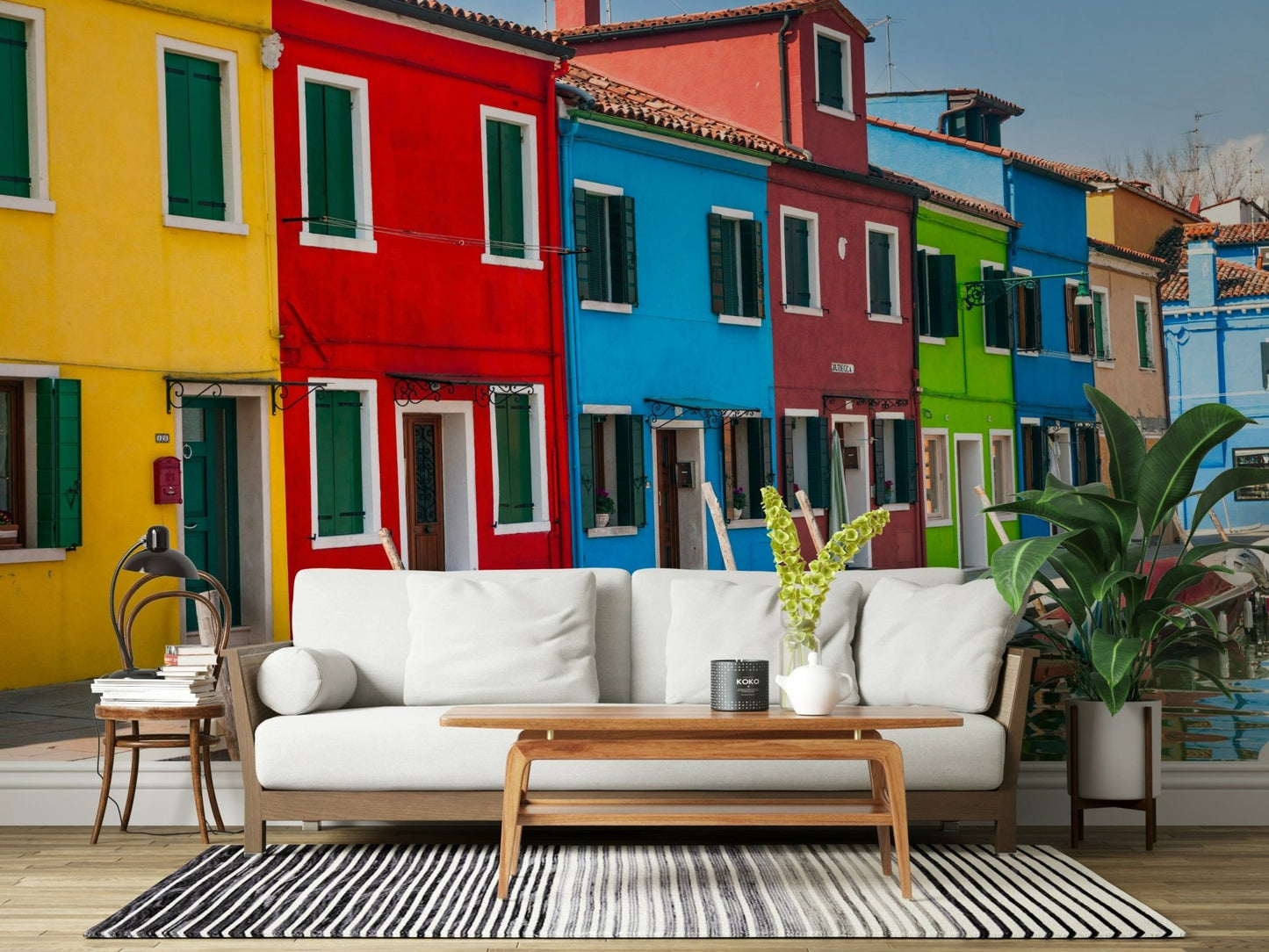 Italian fishing wall mural, cheerful color palette, unique European architecture.