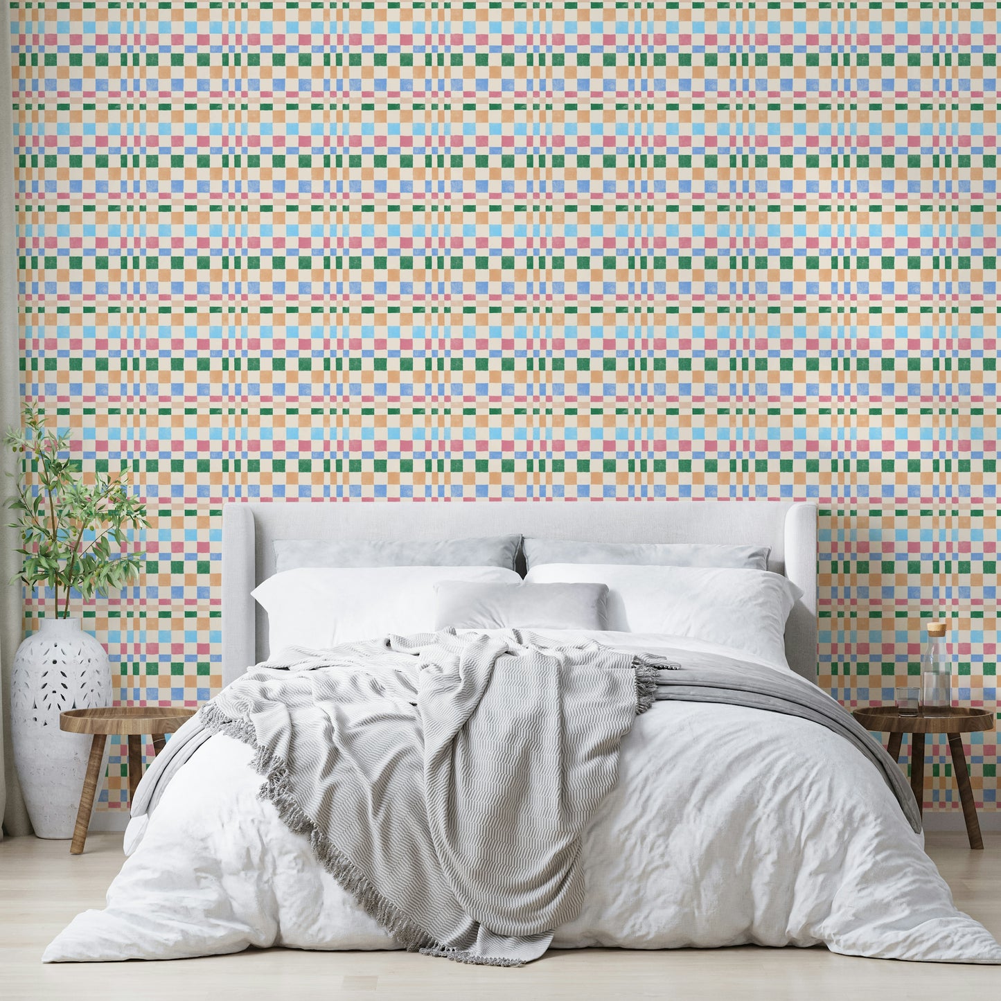 Multicolored woven check jungle wallpaper with jewel accents for bold interiors

