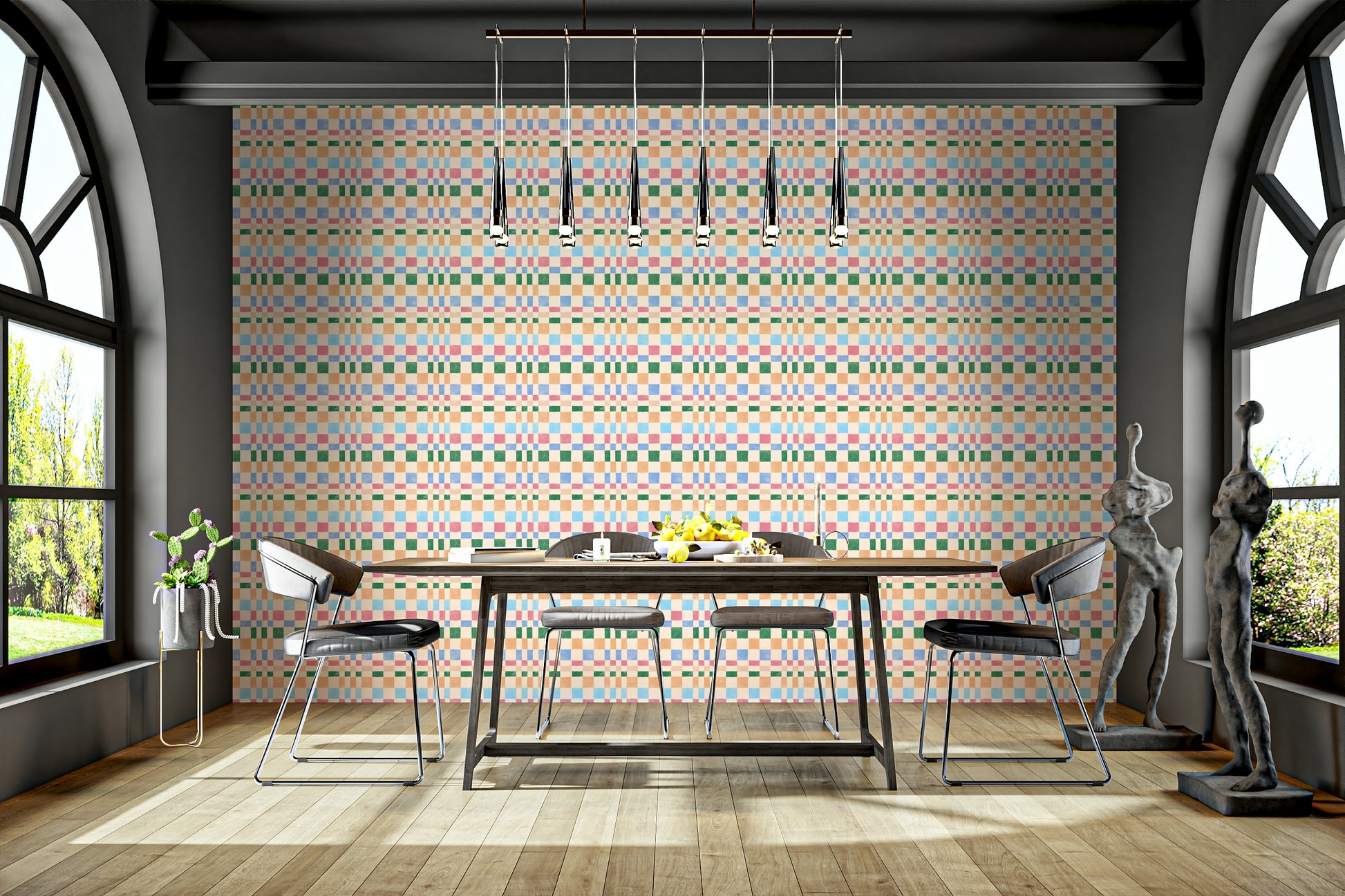 Funky woven check jungle wallpaper in multicolored jewel tones

