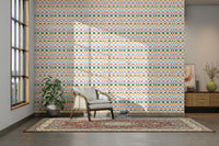 Bold multicolored woven check wallpaper with jungle jewel accents

