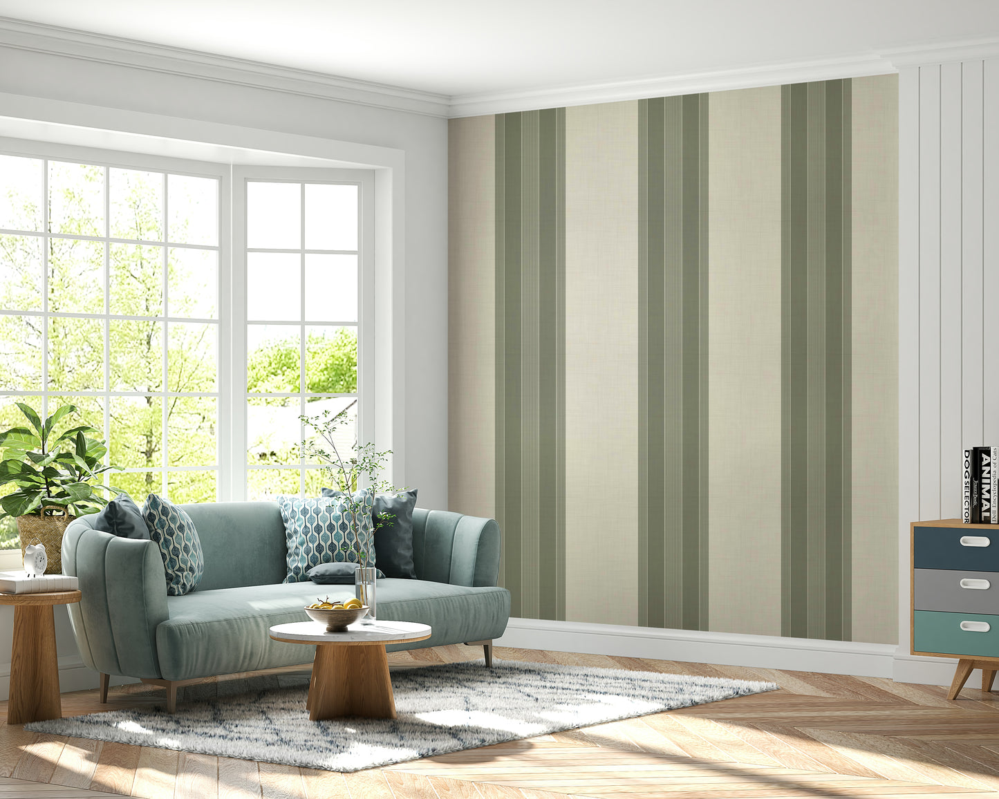 Deep green stripe wall covering for interiors

