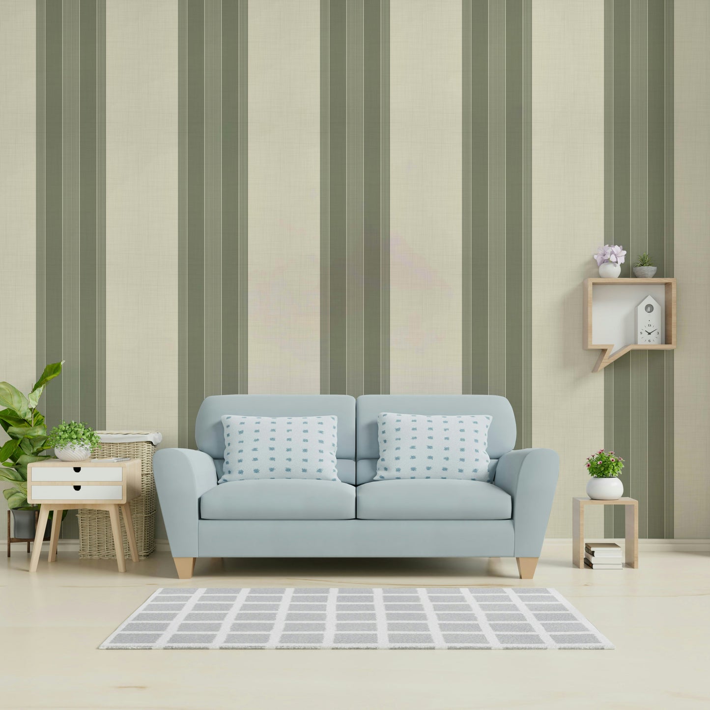 Vertical striped wallpaper in deep olive hue

