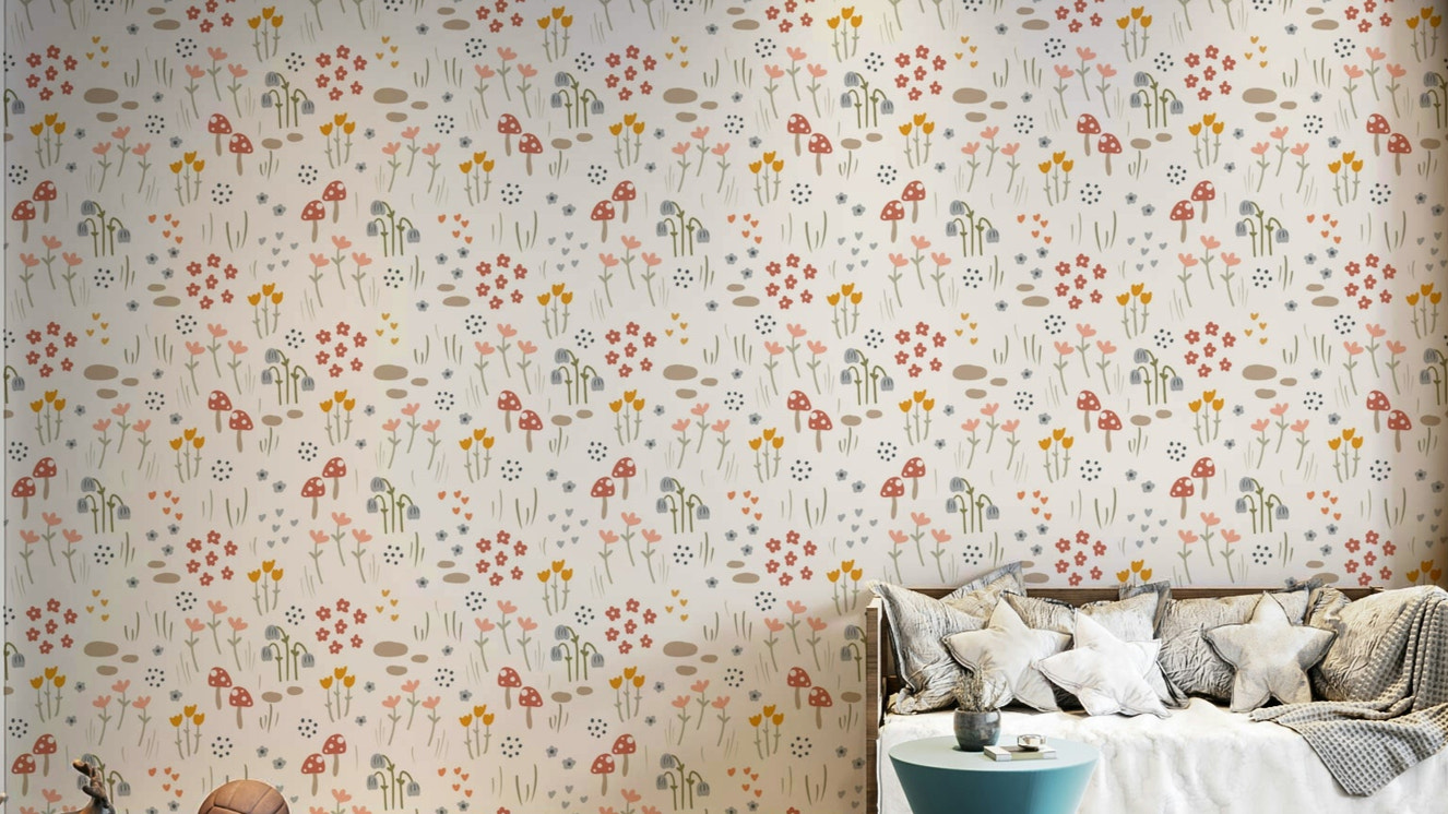 Cute toadstool and wildflower mural

