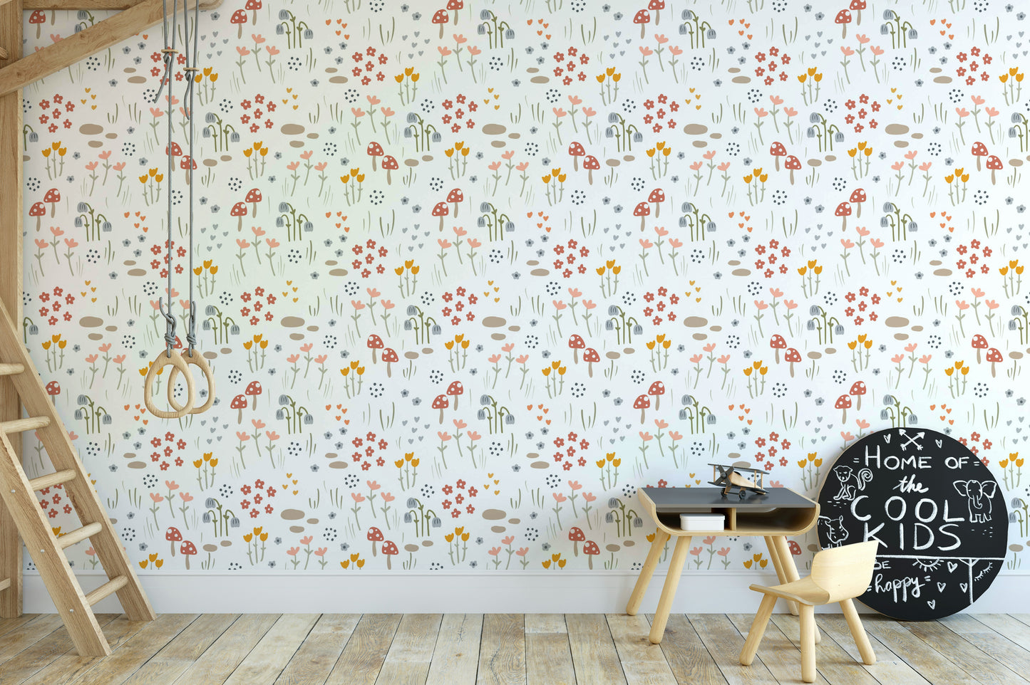 Playful mushrooms and meadow blossoms

