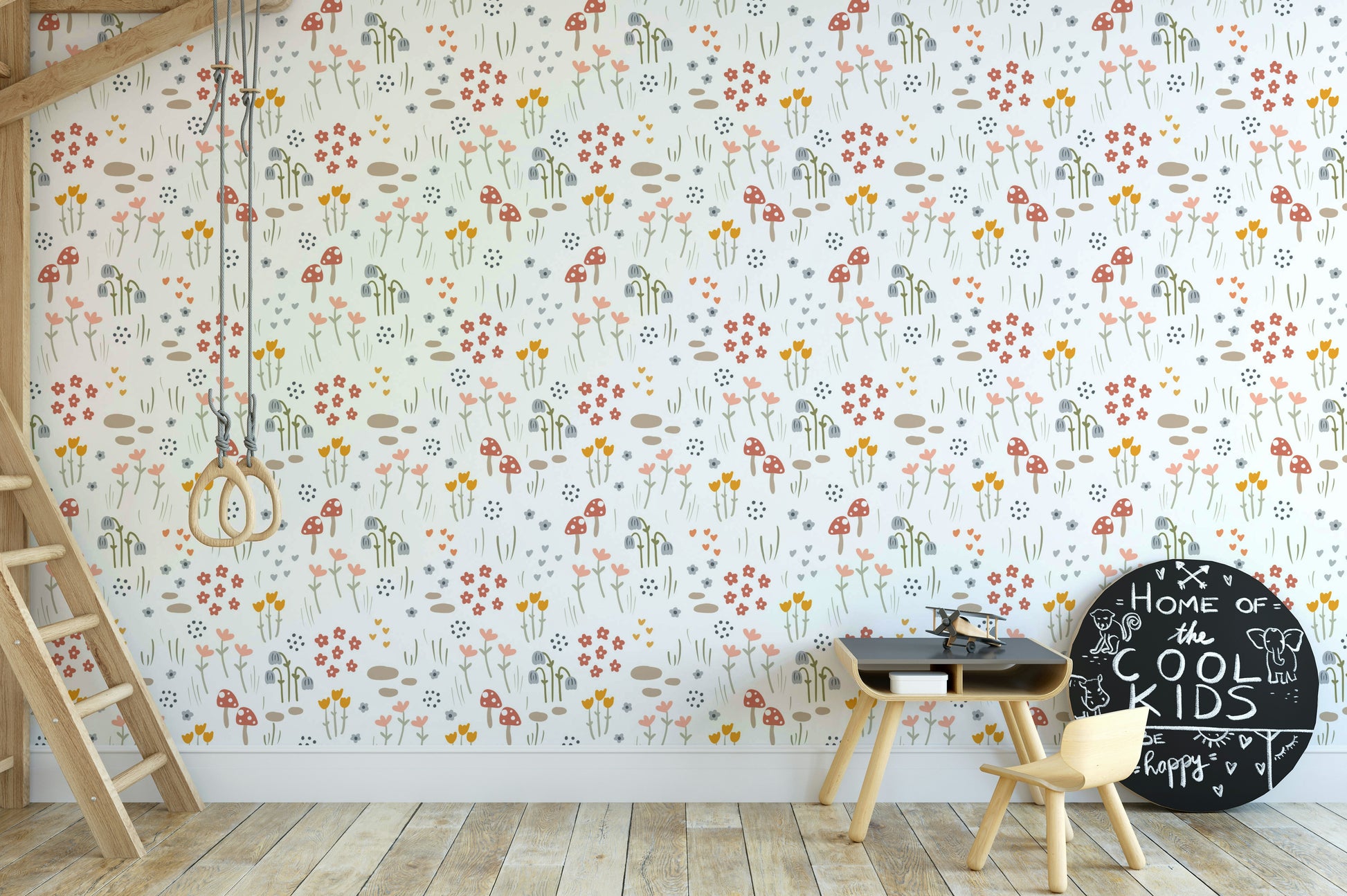 Playful mushrooms and meadow blossoms

