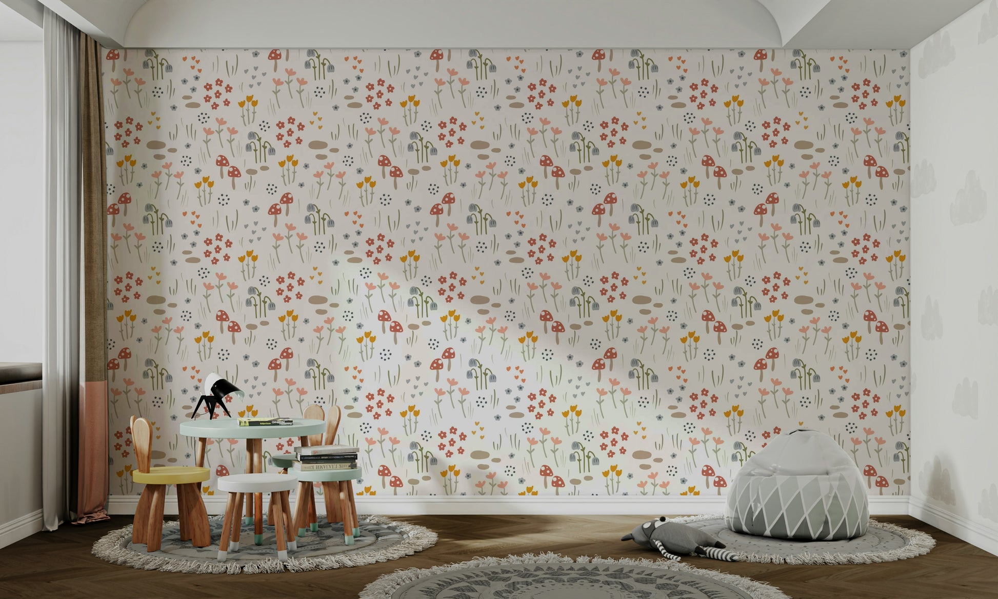 Cartoon mushrooms and flowers wallpaper

