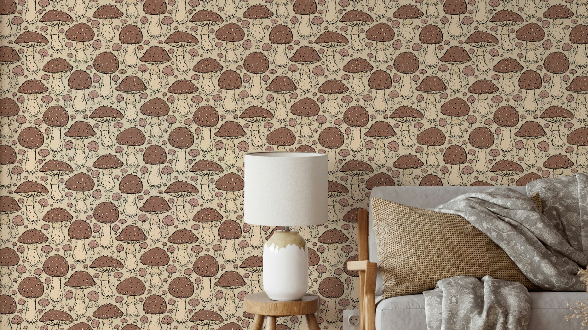 Mushroomcore wallpaper in mocha mousse and beige tones

