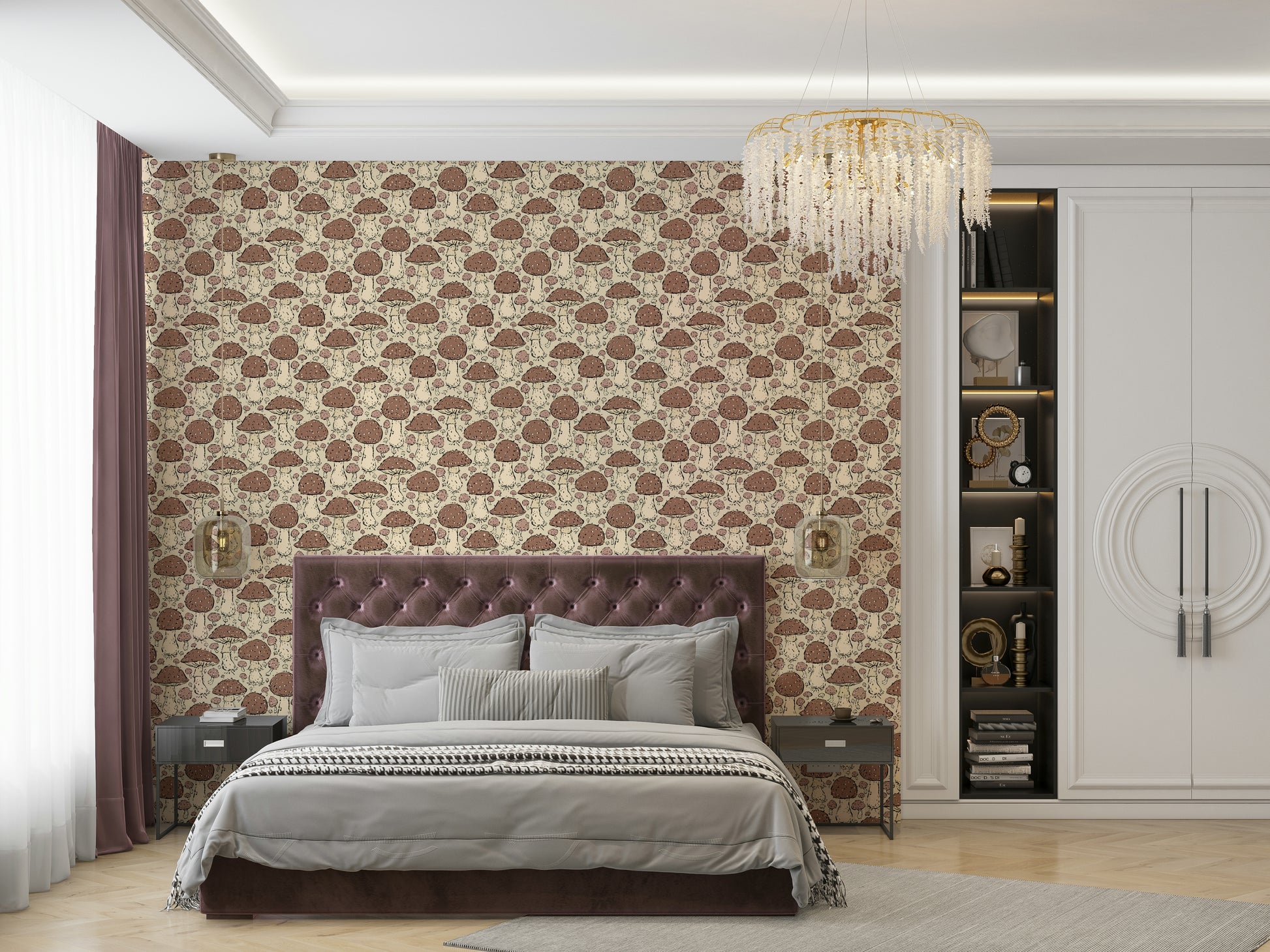 Forest-inspired mushroom wallpaper in warm neutrals

