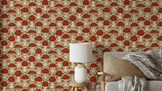Mushroomcore wallpaper with red and beige tones

