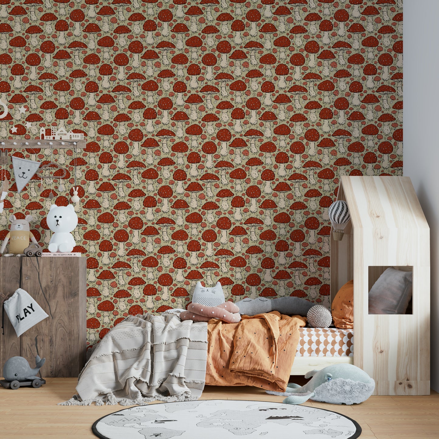 Cottagecore mushroom mural with Amanita illustrations

