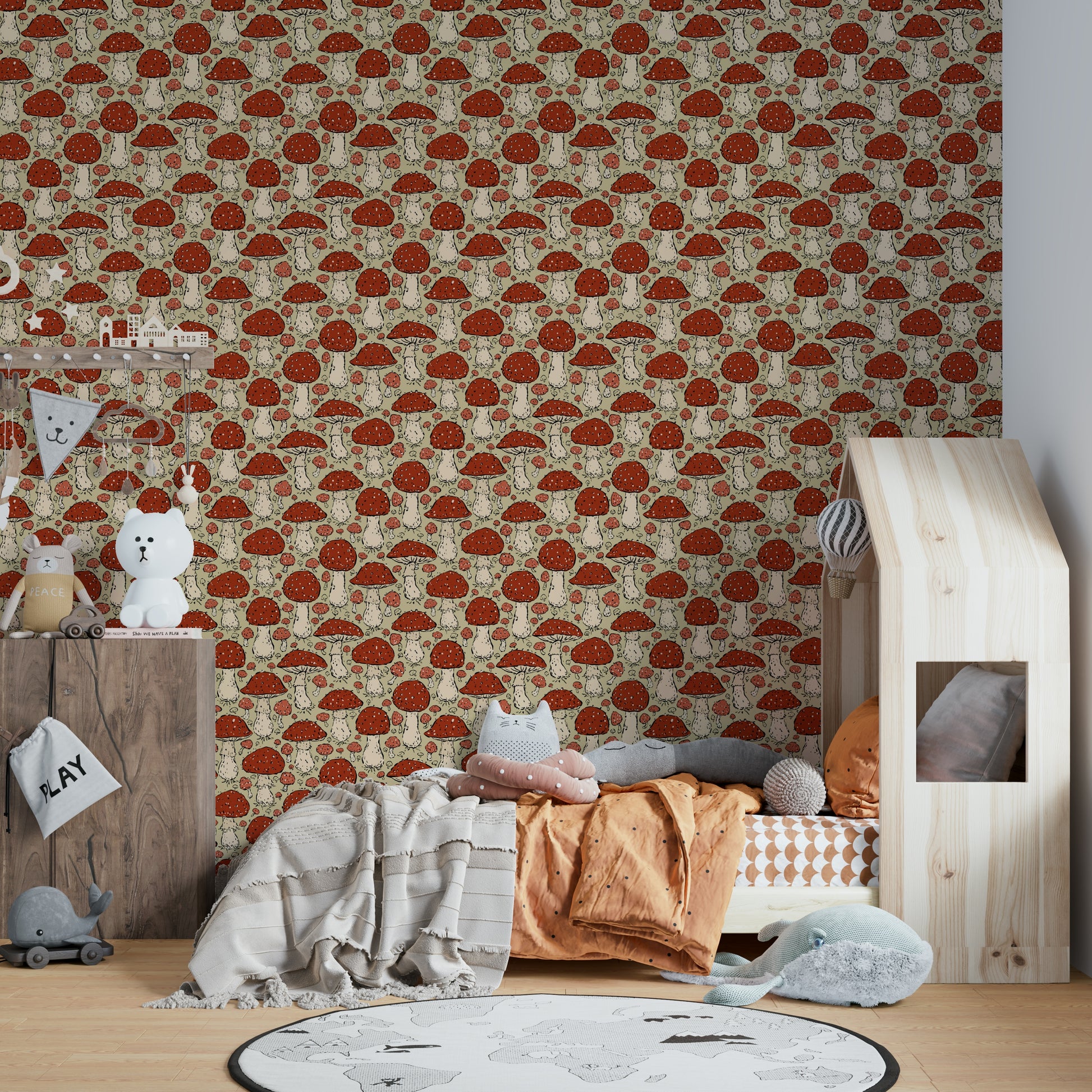 Cottagecore mushroom mural with Amanita illustrations

