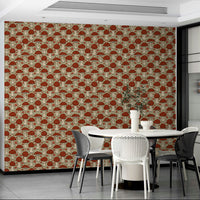 Whimsical toadstool wallpaper in earthy red and beige

