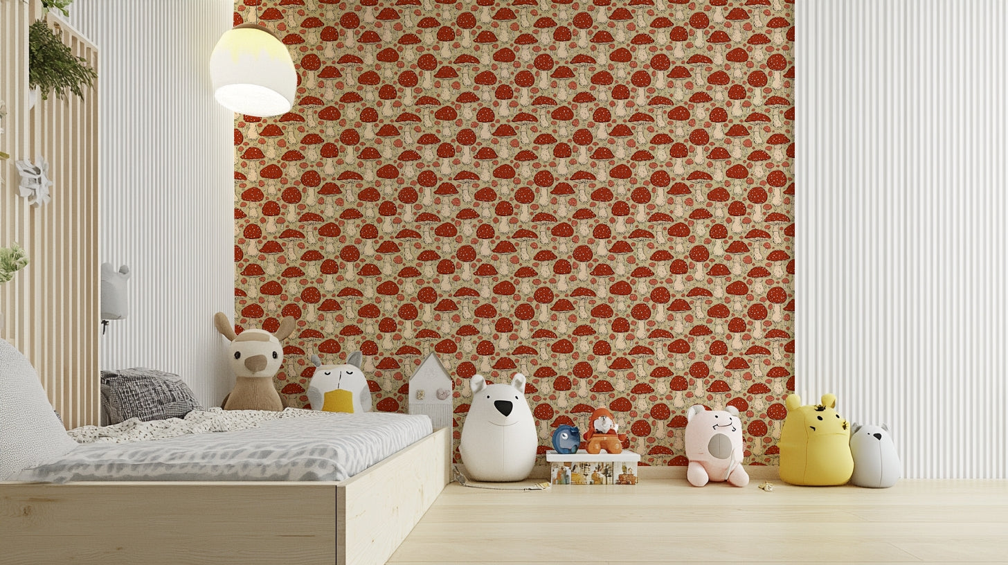Vintage-inspired mushroom wallpaper with red caps

