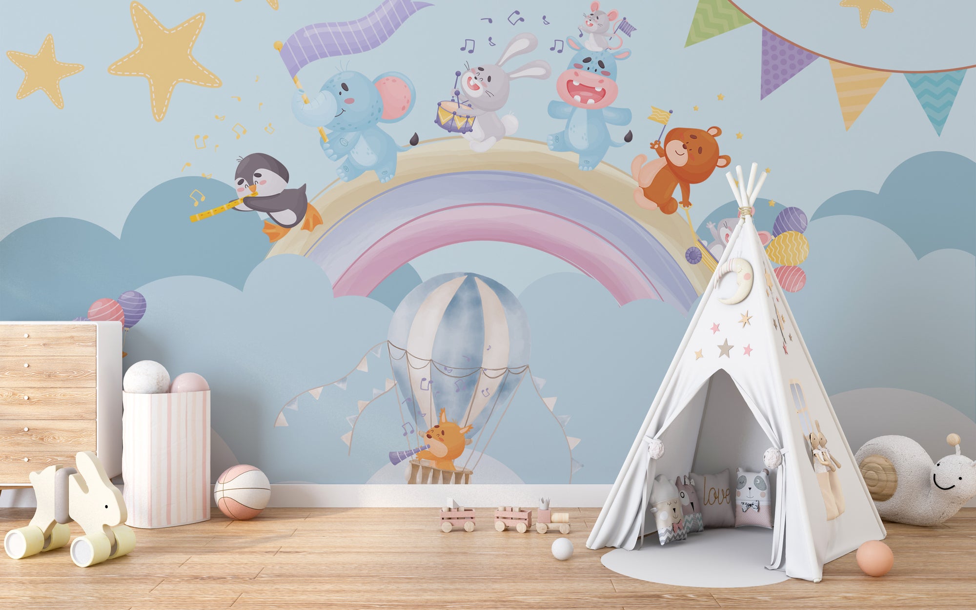 Musical Animals Rainbow Parade wallpaper mural of pastel animals on a rainbow and a balloon in a kids room with a white teepee