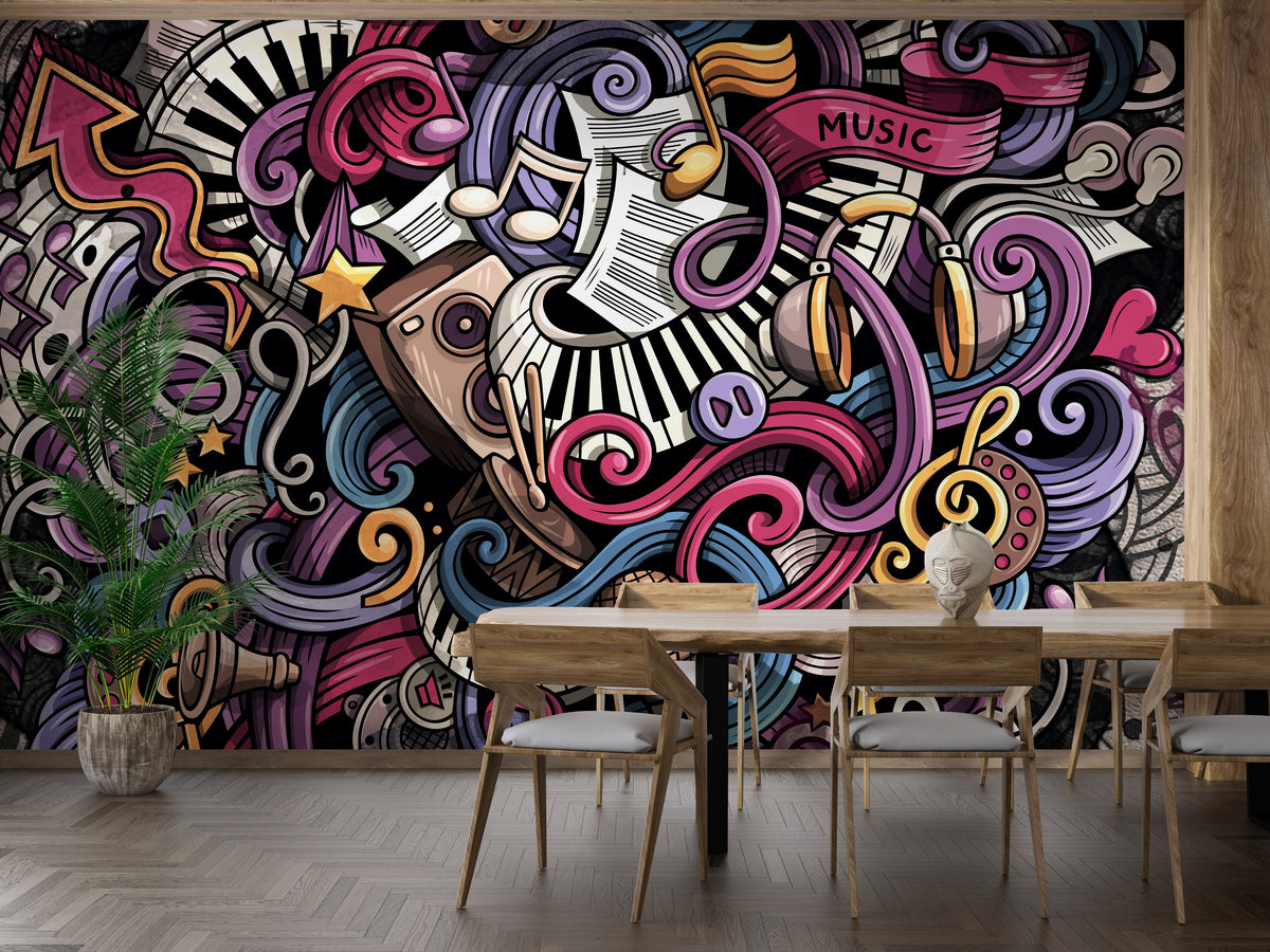 Musical Doodles Art wallpaper mural in pink and purple behind a wooden dining table and chairs in a dining room