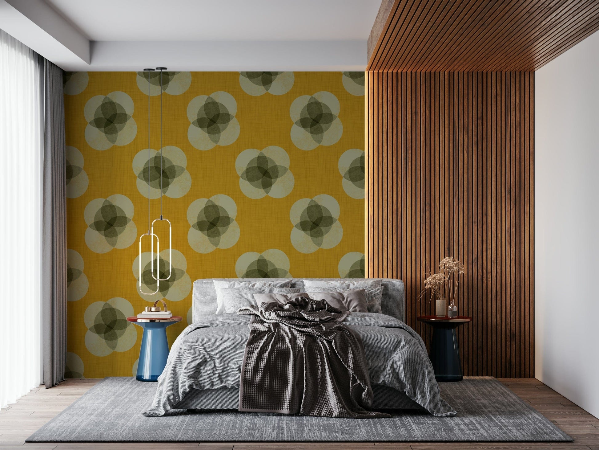 A peaceful Japandi design mural on decorative wallpaper.


