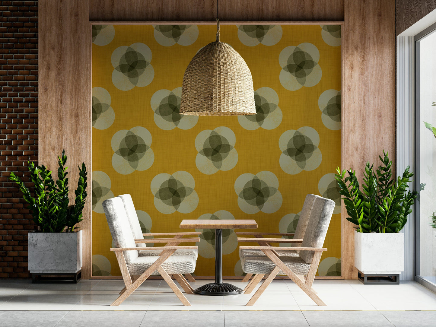 A graceful subtle bloom wall mural in soft, neutral tones.

