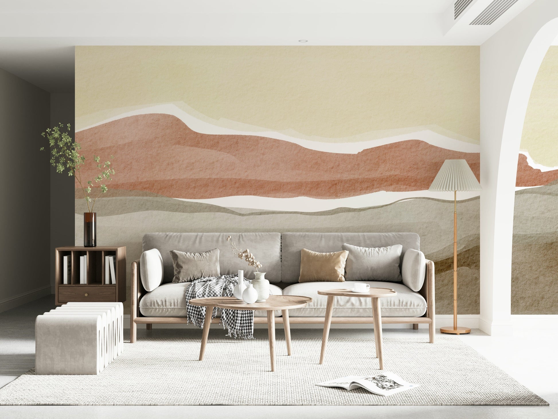 Minimalist bedroom wallpaper showcasing Muted Desert Vista scenery with grey sand textures.
