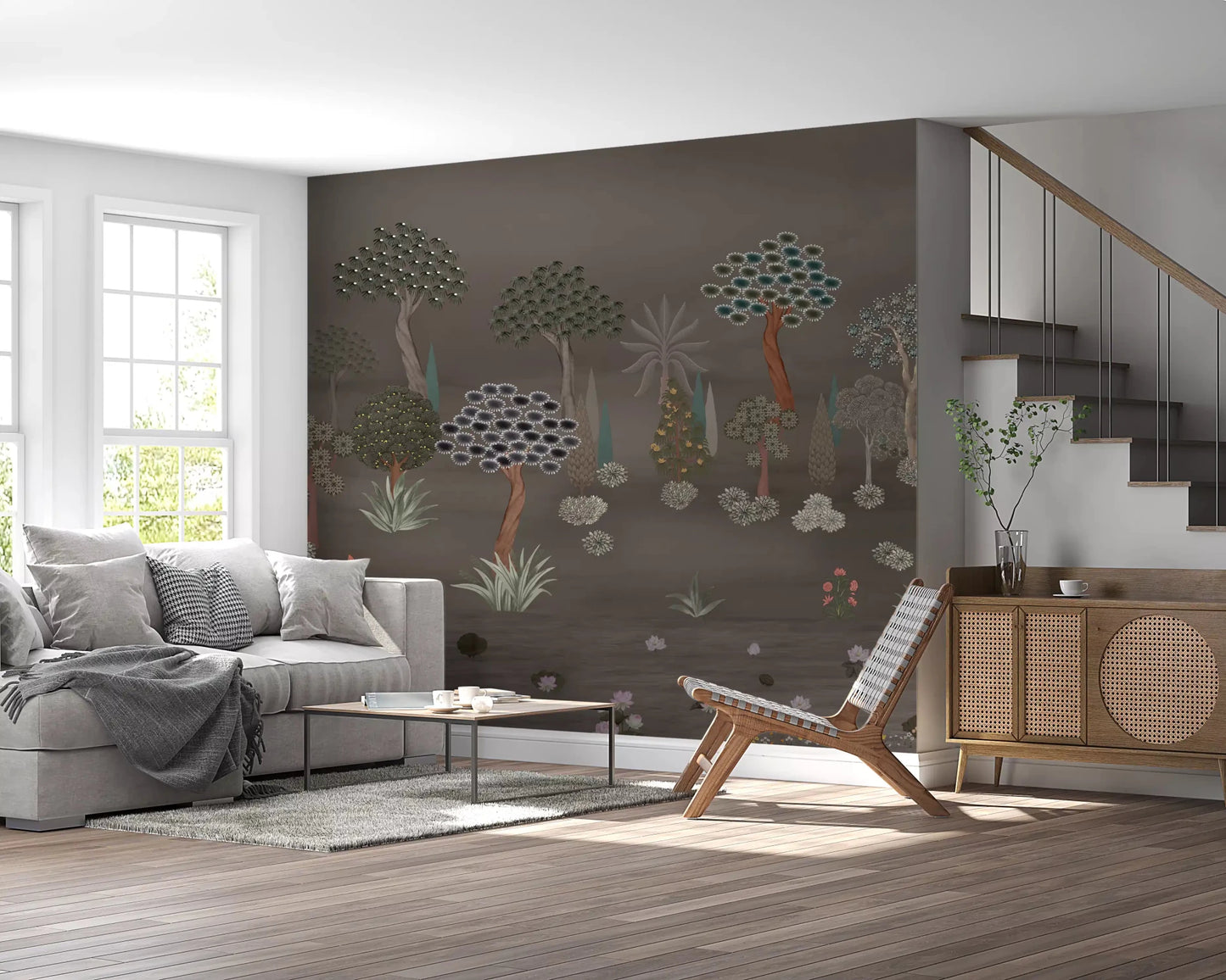 Muted Forest Tapestry wall mural showing layered trees and plants