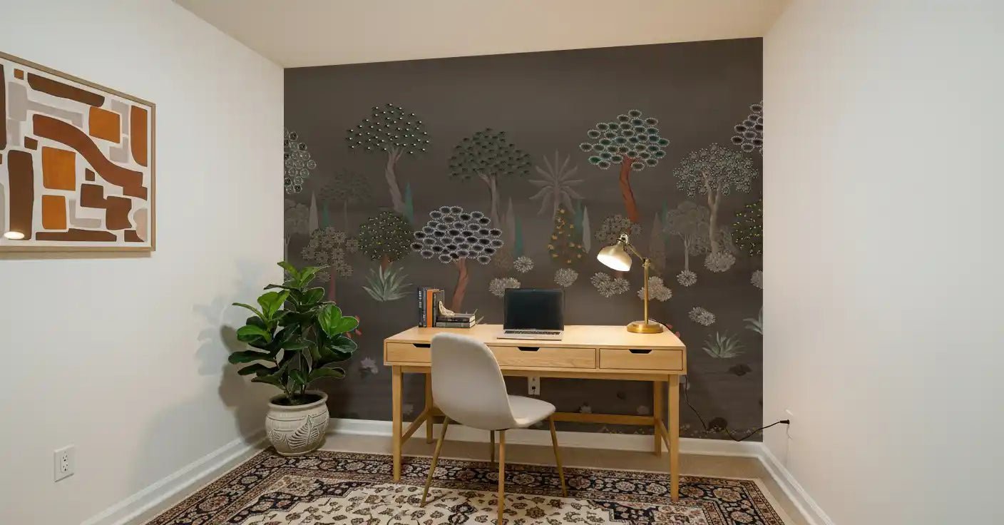 Woodland botanical wall mural with taupe and sage color palette