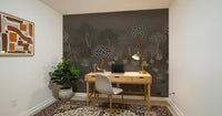 Woodland botanical wall mural with taupe and sage color palette