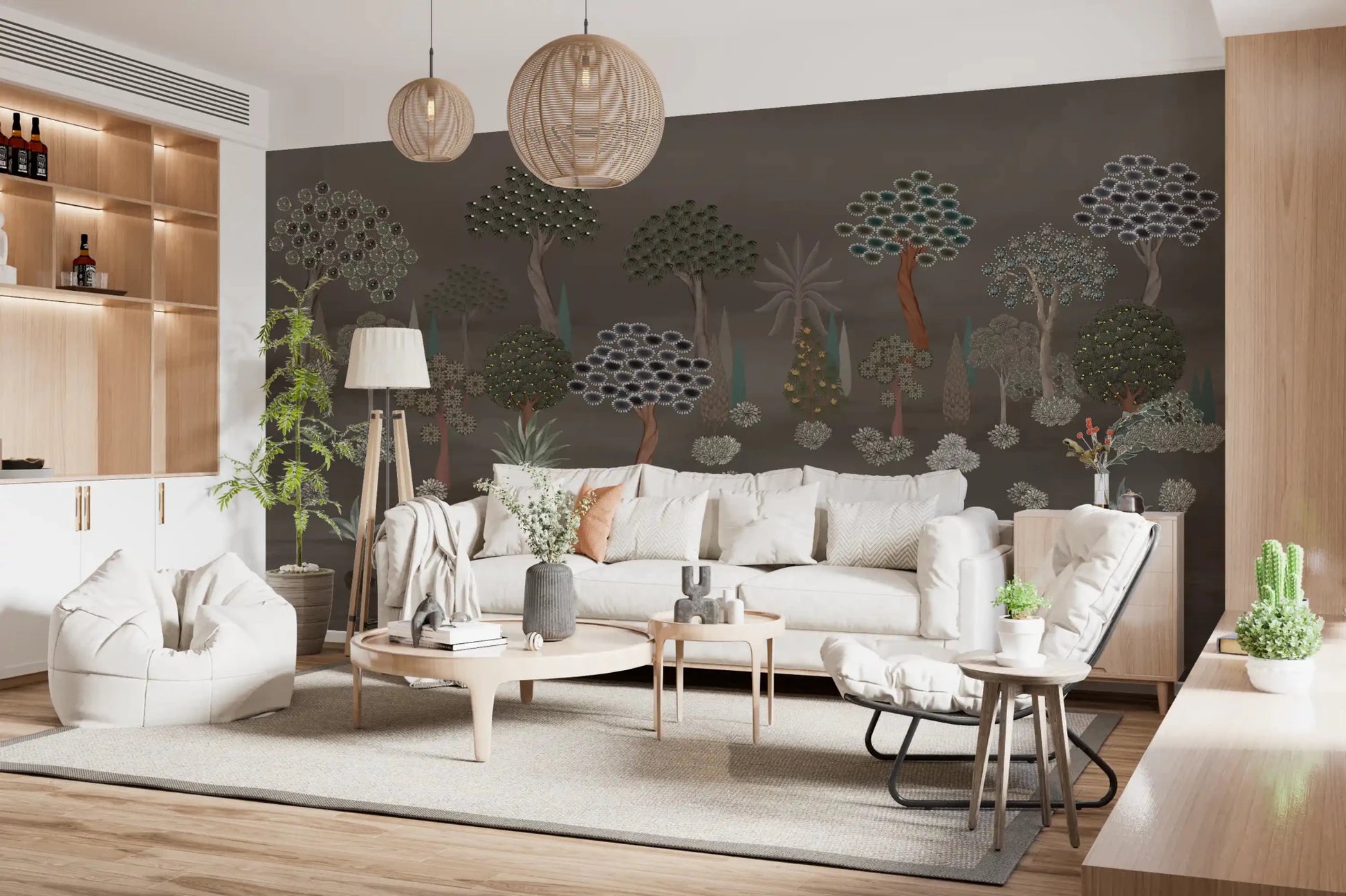 Botanical woodland wall mural from Muted Forest Tapestry collection