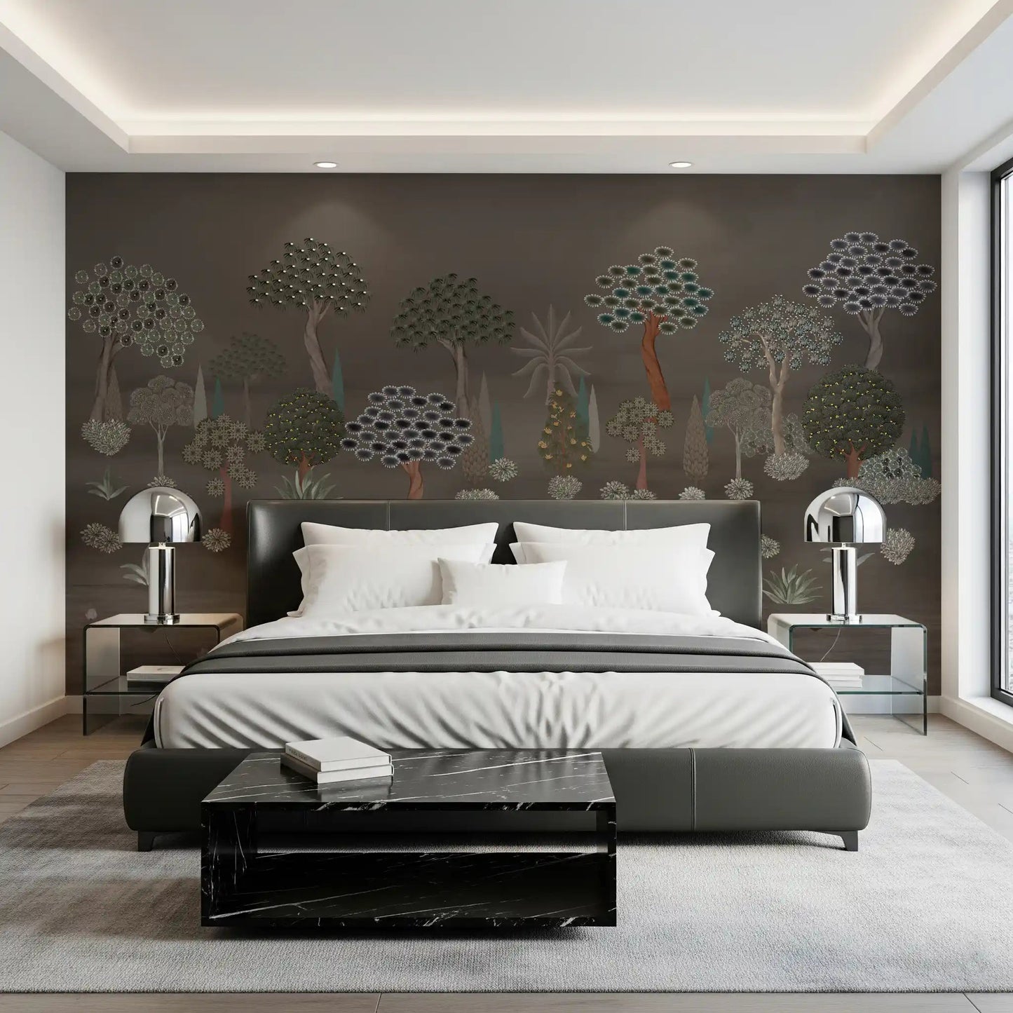 Bedroom Muted Forest Tapestry wall mural with soft botanical forms