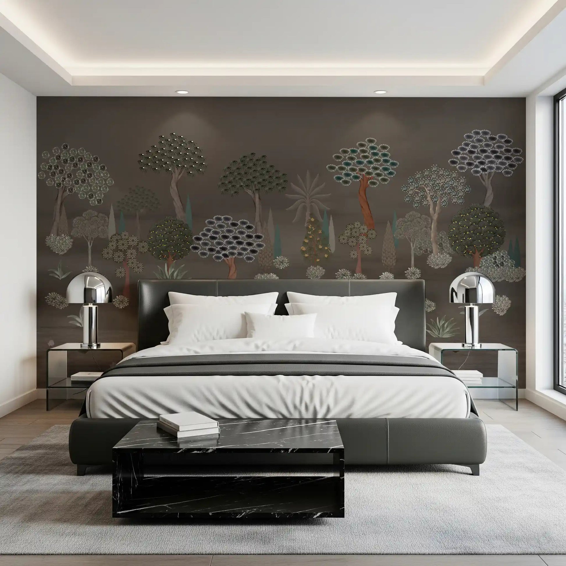 Bedroom Muted Forest Tapestry wall mural with soft botanical forms