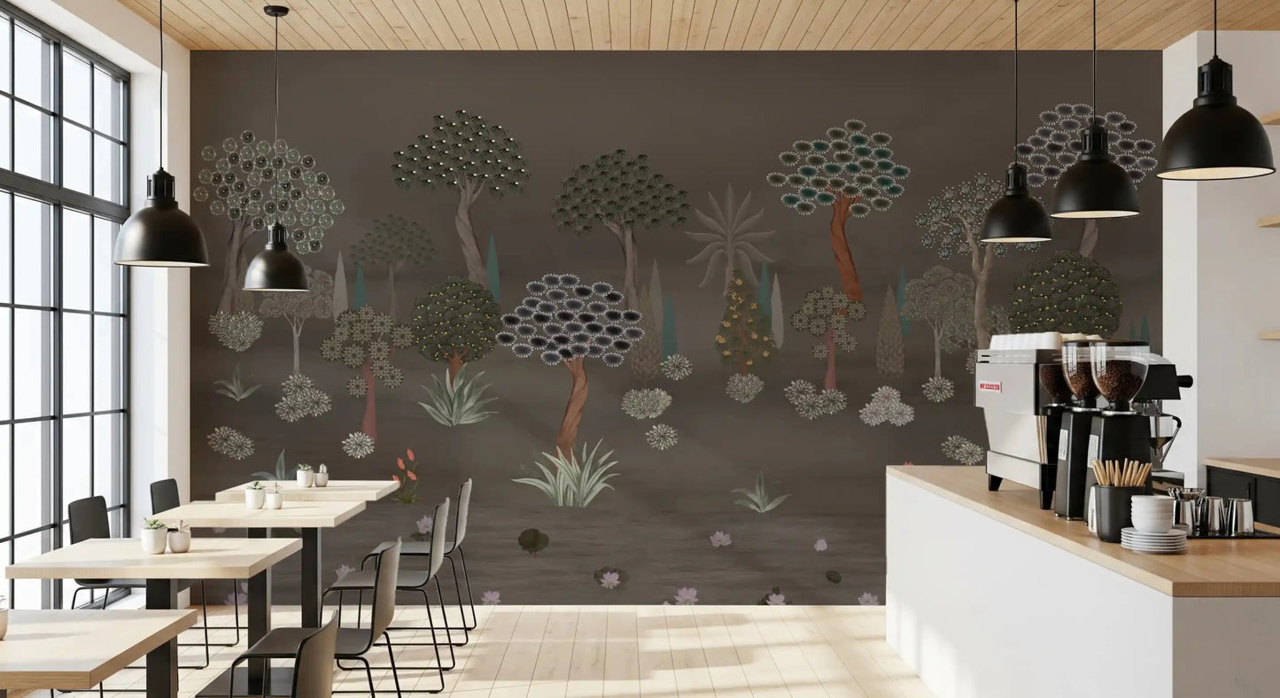Earthy botanical scene wall mural in Muted Forest Tapestry style