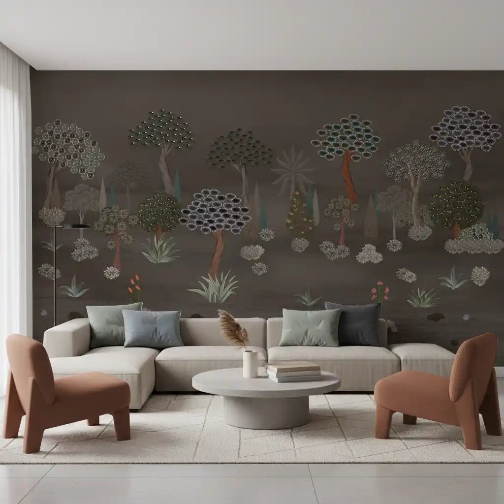 Muted Forest Tapestry wall mural in living room with woodland trees