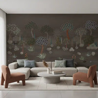 Muted Forest Tapestry wall mural in living room with woodland trees