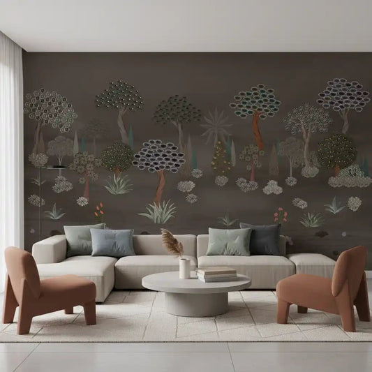 Muted Forest Tapestry wall mural in living room with woodland trees