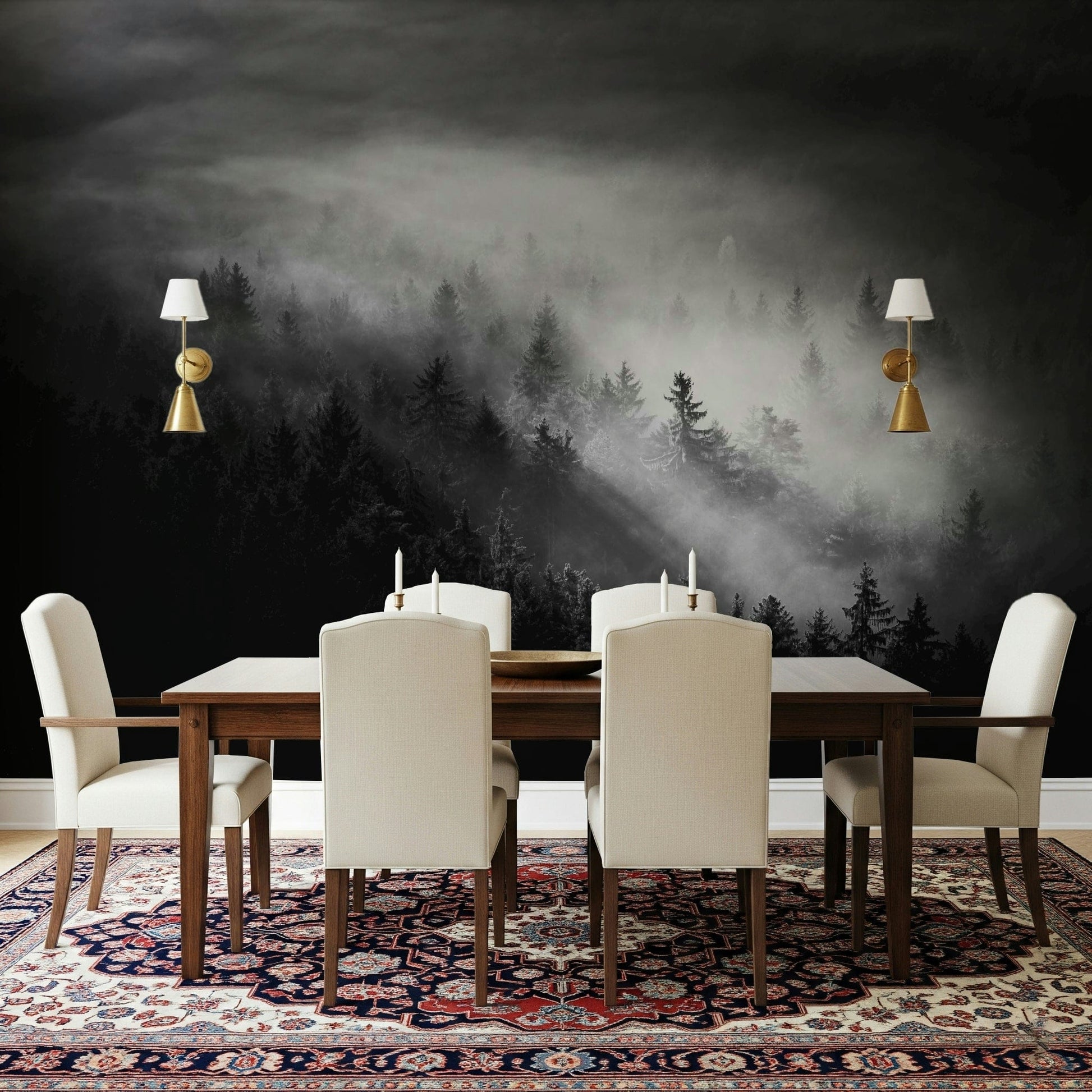 Dreamy Luminous Fog wallpaper, coniferous grove abstract image.