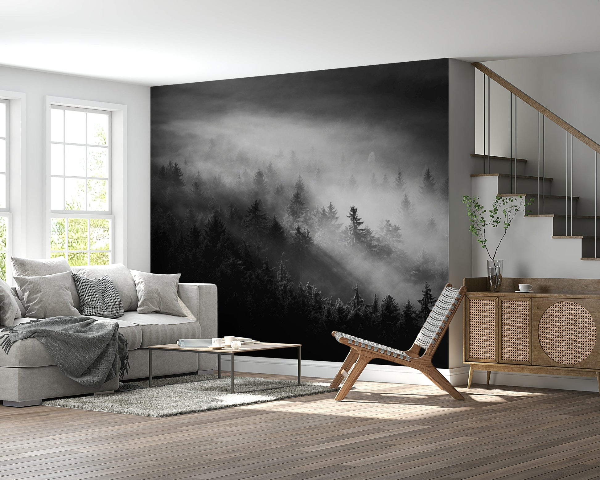 Island Fog mural, hauntingly beautiful spruce trees vista.