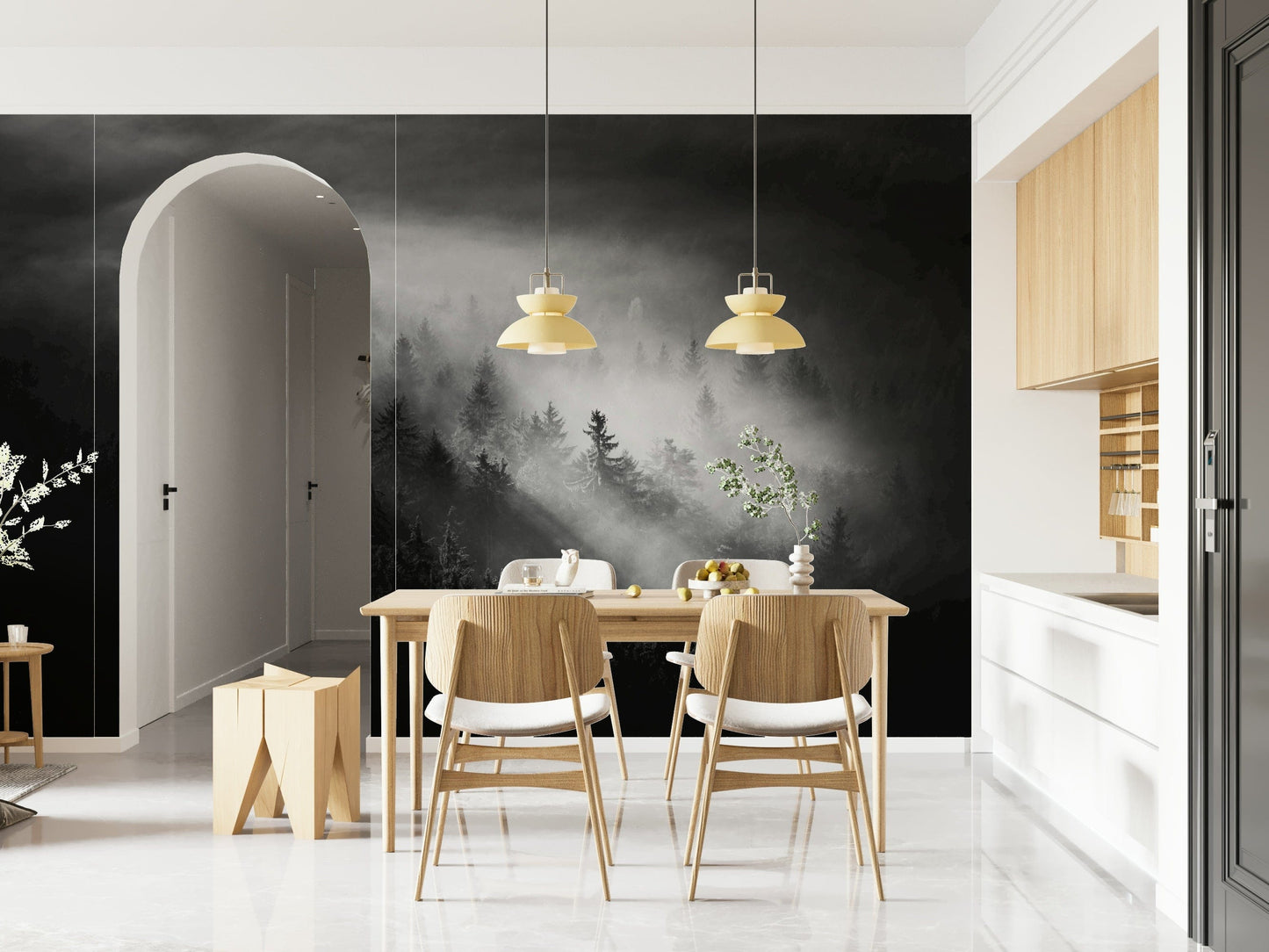 Luminous Woodland Island Fog wall mural, ethereal forest shroud print.