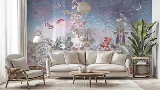 Mystic Garden Lunar Solar Flower Tapestry wallpaper mural with butterflies and moon behind a cream sofa in a living room