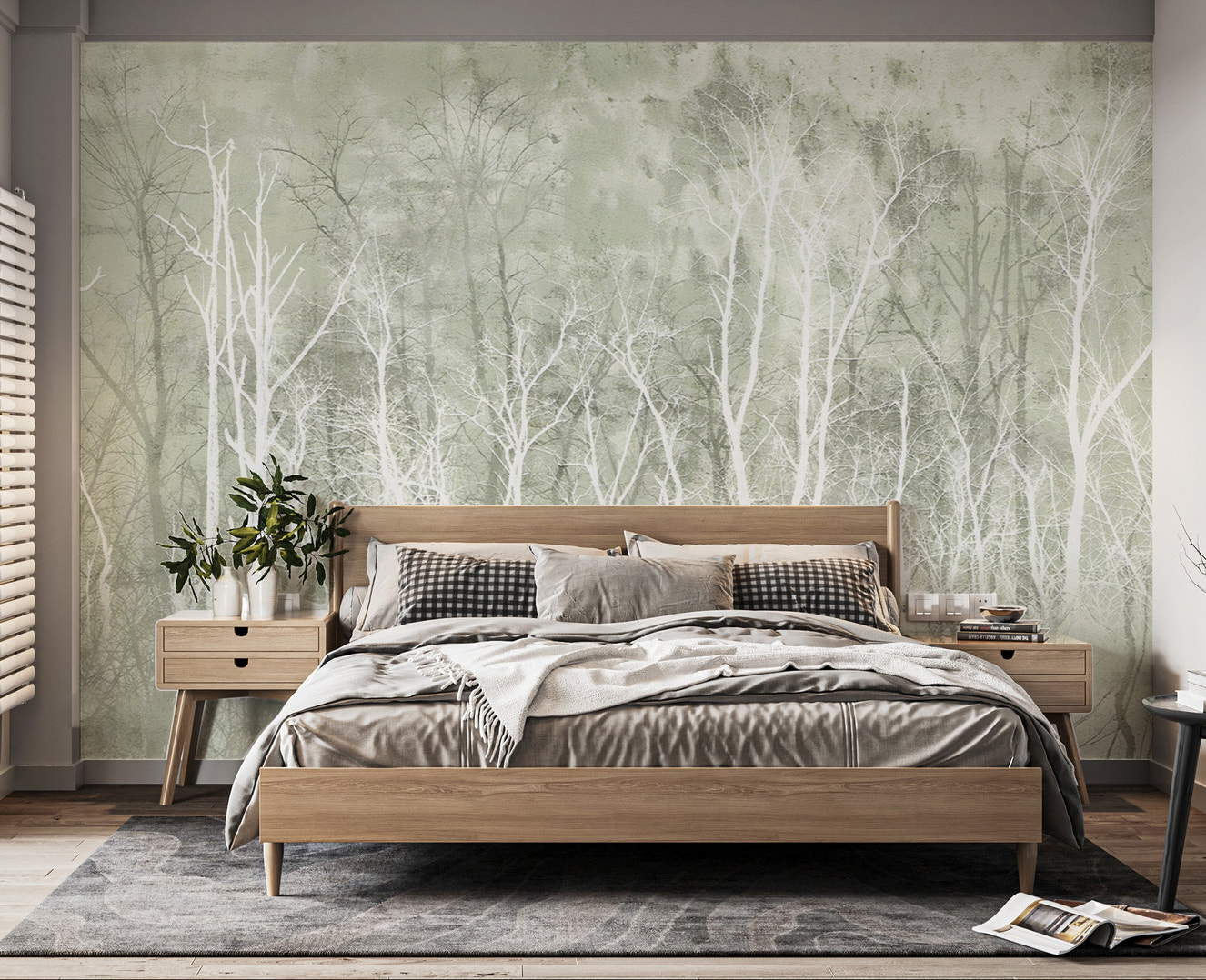 Serene green wall mural featuring delicate tree silhouettes
