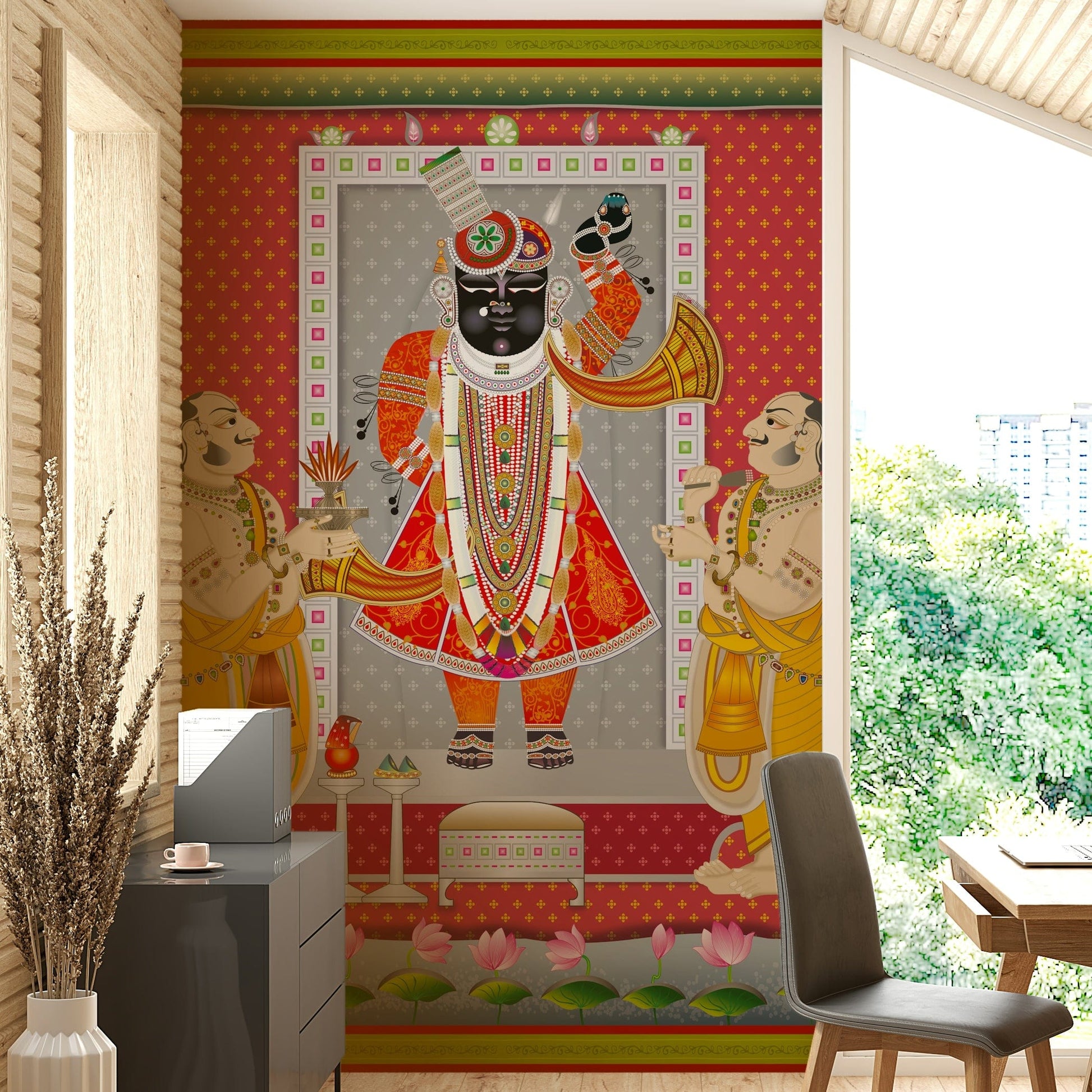 A peaceful wall mural with a scene of a Hindu deity.

