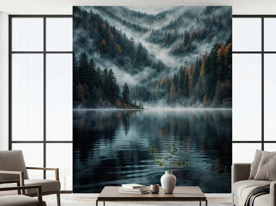 Mystic Lake Reflections wallpaper mural of a misty forest lake behind two beige armchairs and a wood coffee table