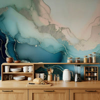 Turquoise marble wall mural inspired by natural minerals, creating depth and modern sophistication.