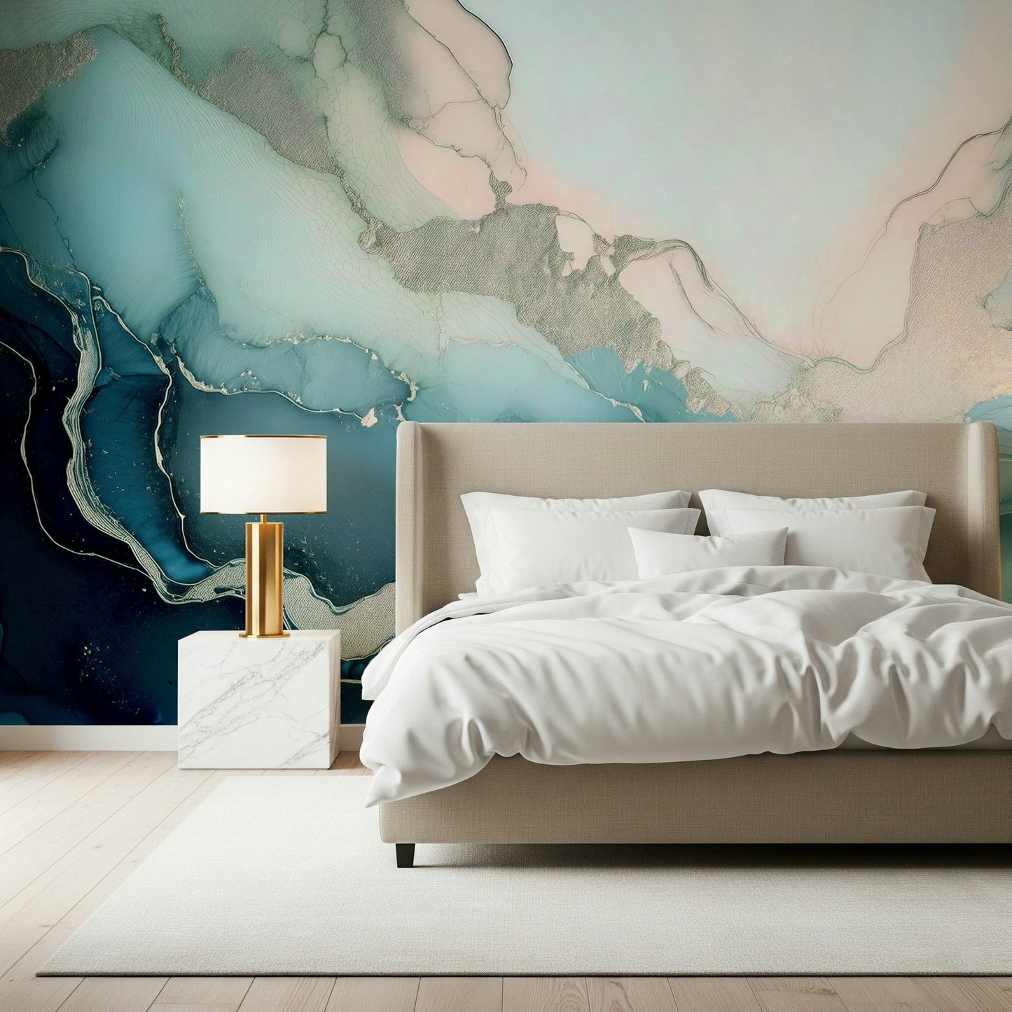 Abstract marble mural blending turquoise hues and mineral veining for a serene, luxurious interior.