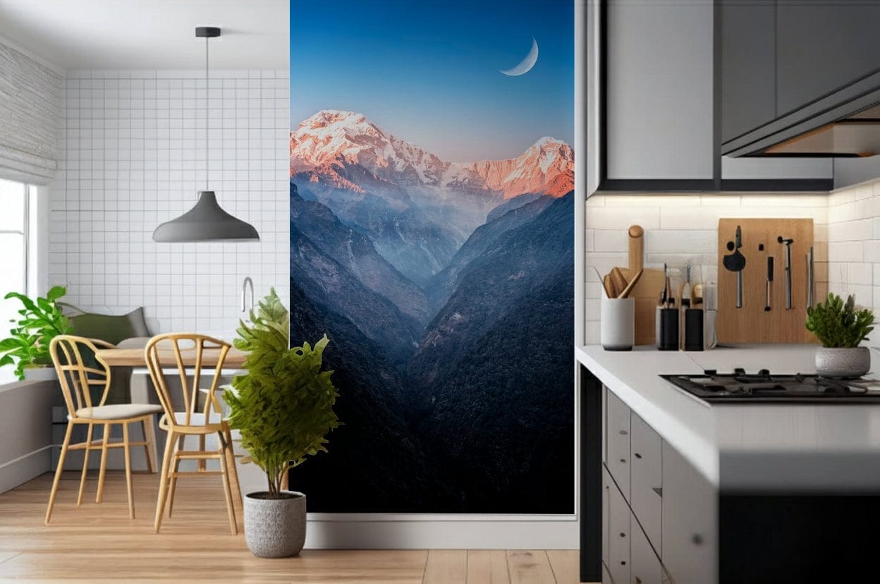 Entryway accent wall with mountain mural in dusk tones